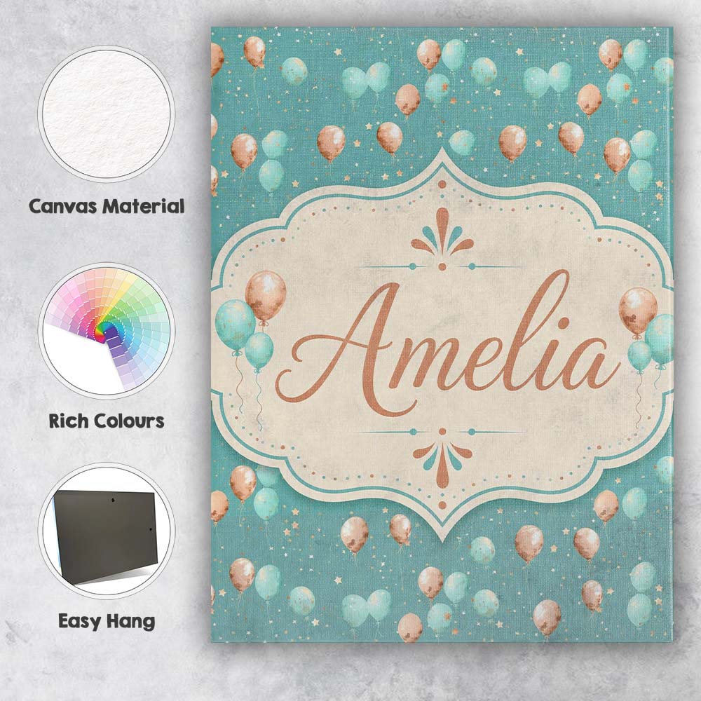 Personalised Name Teal Gold Balloon Starry Custom  Unique Gift Idea Elegant Feature Canvas Wall Art Print Decor Picture Ready to Hang