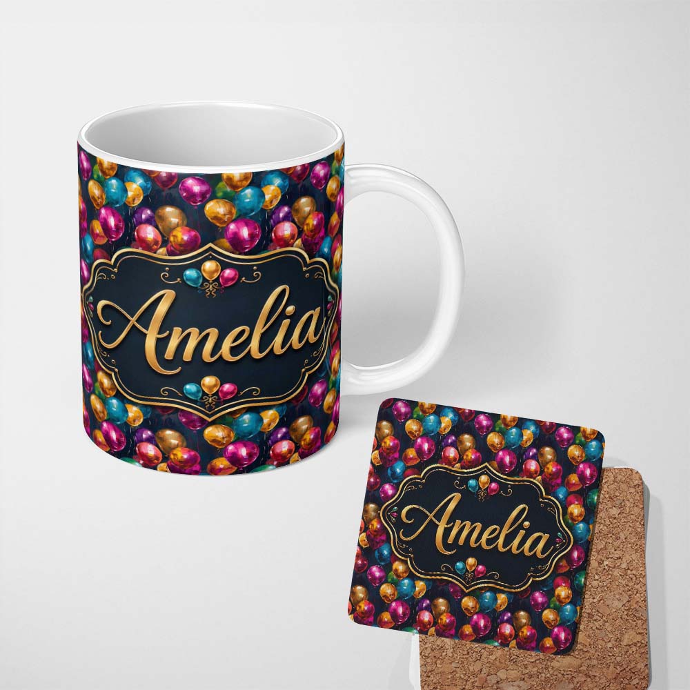 Personalized Custom Name Colorful Party Balloons on Dark Background Seamless Pattern Name 11oz Ceramic Coffee Tea Mug White Large Handle
