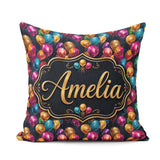 Custom Name Colorful Party Balloons Dark Background Pattern Name Square Filled Cushion Throw Pillow Sofa Bed Home Decor Zip Washable UK Made