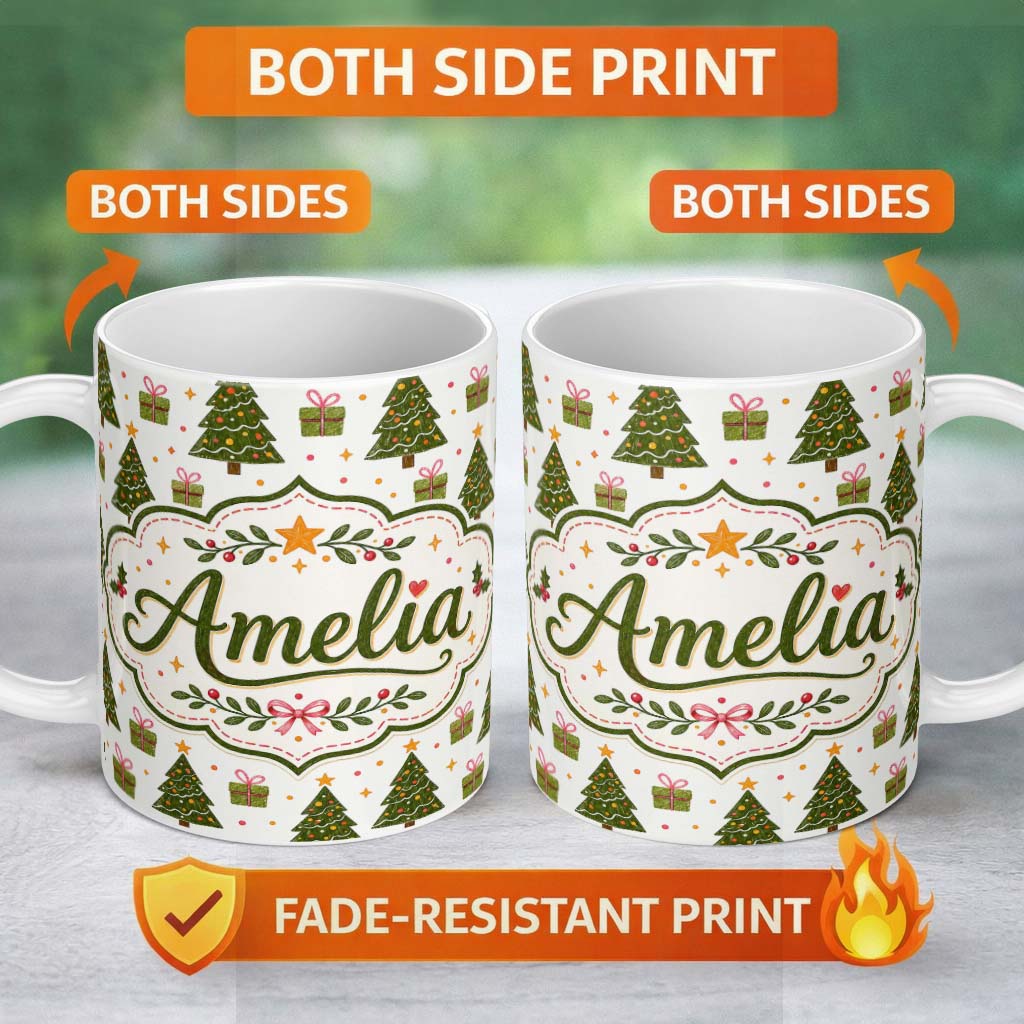 Personalized Custom Name Minimal Christmas Trees with Small Gifts Cute Holiday Seamless 11oz Ceramic Coffee Tea Mug White Large Handle