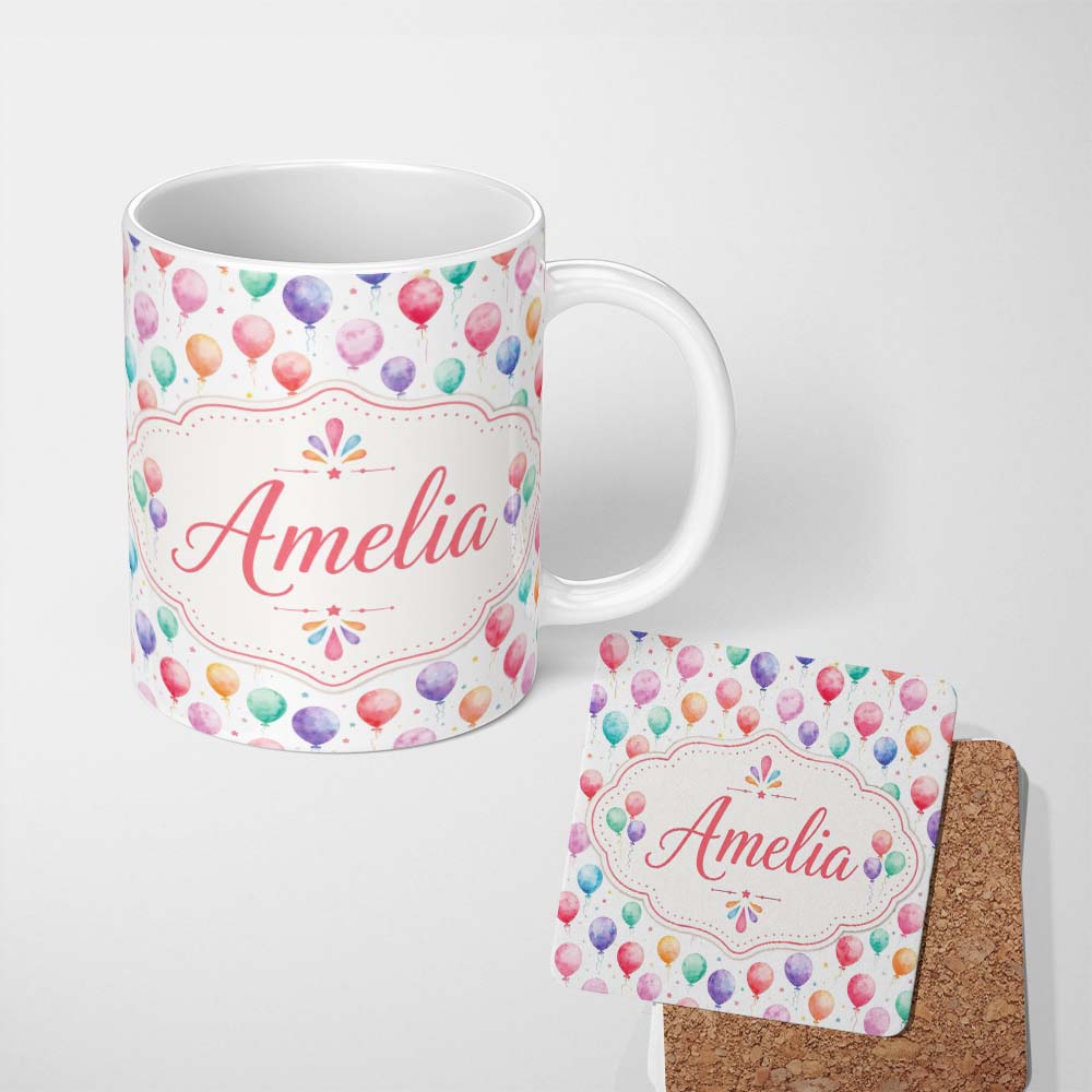 Personalized Custom Name Soft Pastel Watercolor Balloons Floating Seamless Pattern Custom 11oz Ceramic Coffee Tea Mug White Large Handle