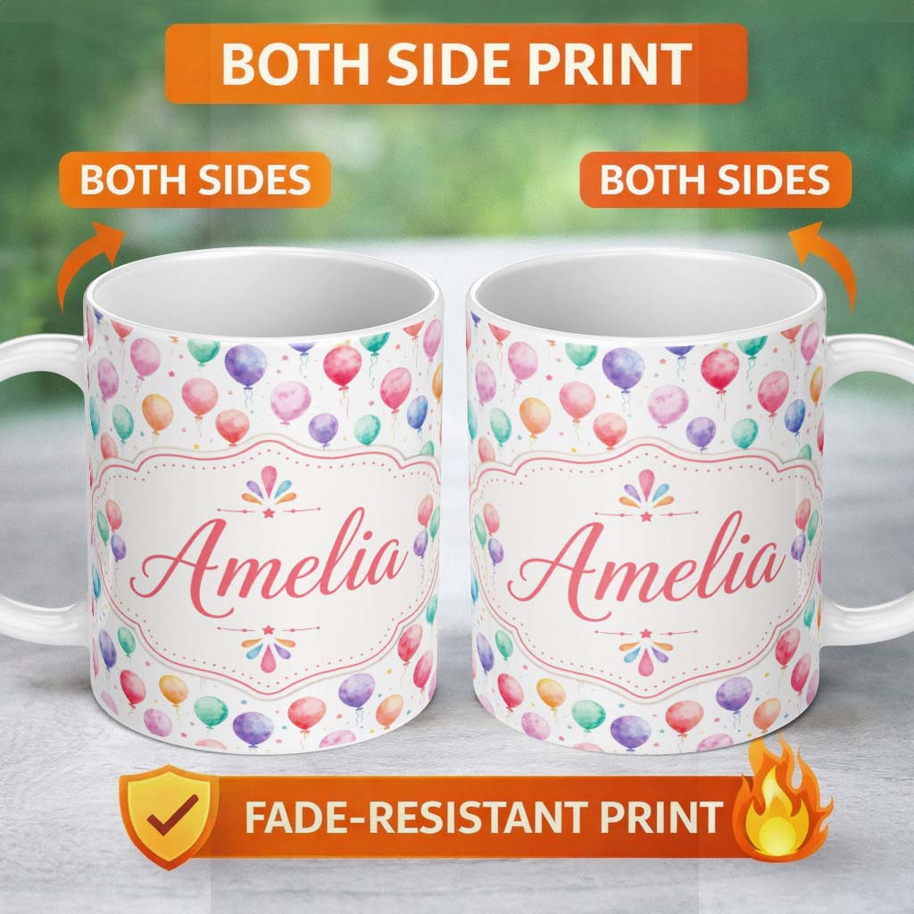 Personalized Custom Name Soft Pastel Watercolor Balloons Floating Seamless Pattern Custom 11oz Ceramic Coffee Tea Mug White Large Handle