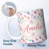 Personalized Custom Name Soft Pastel Watercolor Balloons Floating Seamless Pattern Custom 11oz Ceramic Coffee Tea Mug White Large Handle