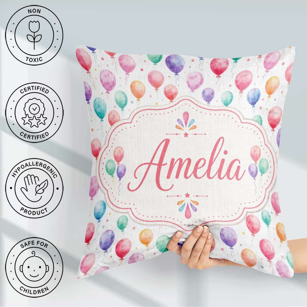 Custom Name Pastel Watercolor Balloons Floating Seamless Pattern Square Filled Cushion Throw Pillow Sofa Bed Home Decor Zip Washable UK Made