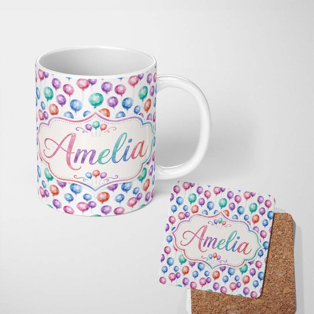 Personalized Custom Name Bright Watercolor Balloons with Blue Purple Tones Seamless Pattern 11oz Ceramic Coffee Tea Mug White Large Handle
