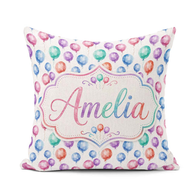 Custom Name Bright Watercolor Balloons with Blue Purple Seamless Square Filled Cushion Throw Pillow Sofa Bed Home Decor Zip Washable UK Made