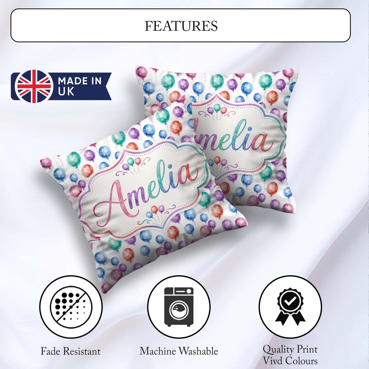 Custom Name Bright Watercolor Balloons with Blue Purple Seamless Square Filled Cushion Throw Pillow Sofa Bed Home Decor Zip Washable UK Made