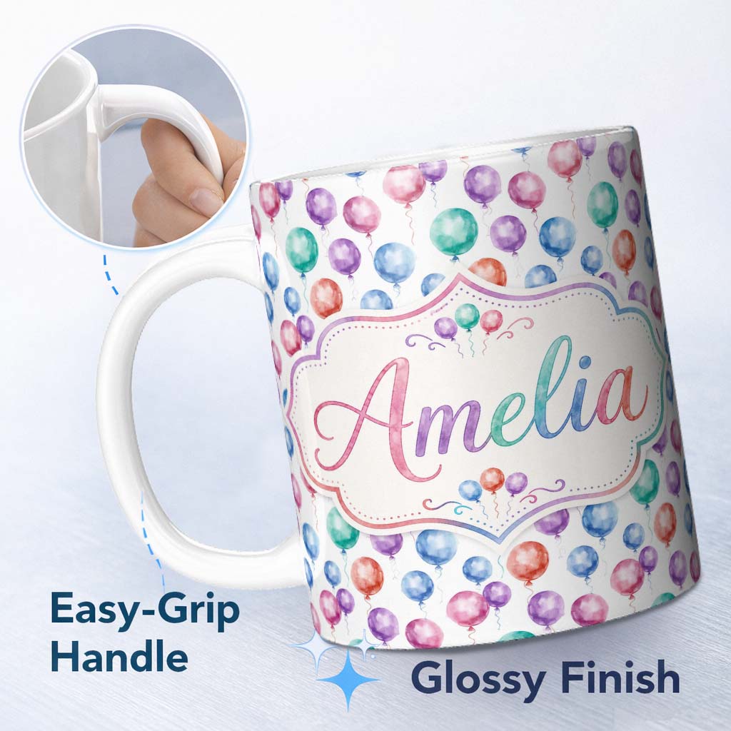 Personalized Custom Name Bright Watercolor Balloons with Blue Purple Tones Seamless Pattern 11oz Ceramic Coffee Tea Mug White Large Handle