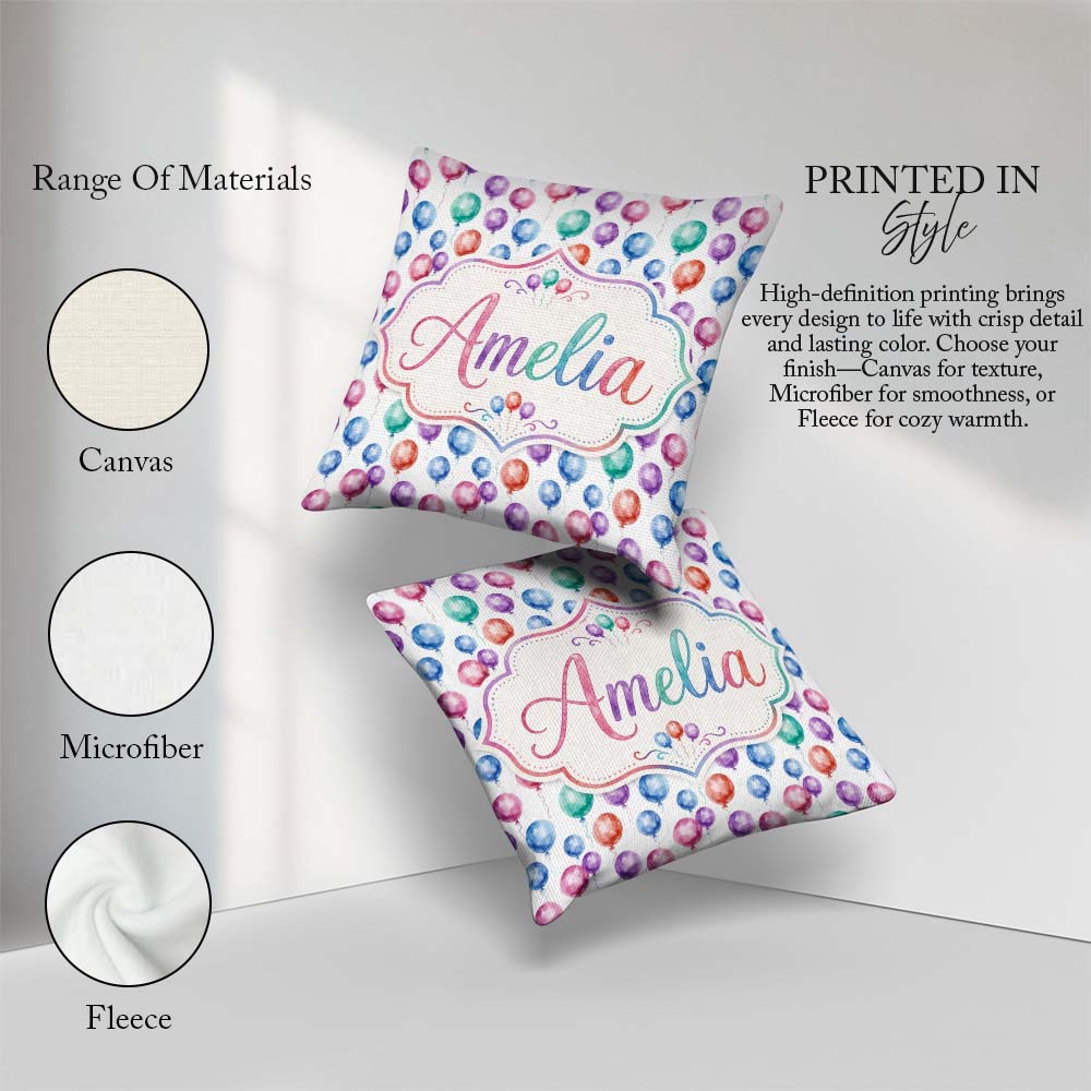 Custom Name Bright Watercolor Balloons with Blue Purple Seamless Square Filled Cushion Throw Pillow Sofa Bed Home Decor Zip Washable UK Made