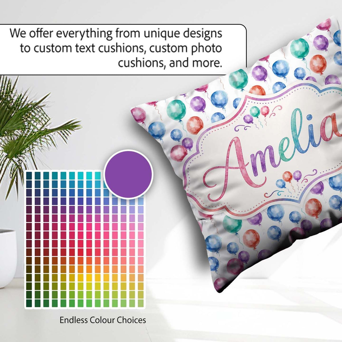 Custom Name Bright Watercolor Balloons with Blue Purple Seamless Square Filled Cushion Throw Pillow Sofa Bed Home Decor Zip Washable UK Made