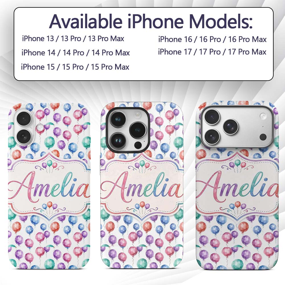 Bright Watercolor Balloons with Blue Purple Tones Custom Name Protective Phone Case Mobile Cover Durable Everyday Smartphone Shock Resistant