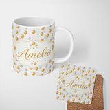 Personalized Custom Name Elegant Gold and White Balloons Confetti Seamless Pattern Custom 11oz Ceramic Coffee Tea Mug White Large Handle