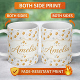 Personalized Custom Name Elegant Gold and White Balloons Confetti Seamless Pattern Custom 11oz Ceramic Coffee Tea Mug White Large Handle