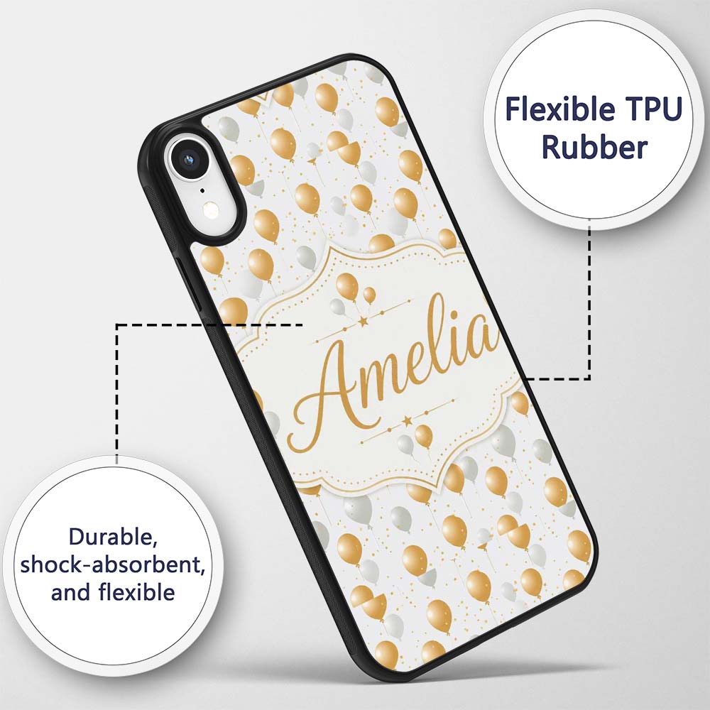 Elegant Gold and White Balloons Confetti Seamless Custom Name Protective Phone Case Mobile Cover Durable Everyday Smartphone Shock Resistant