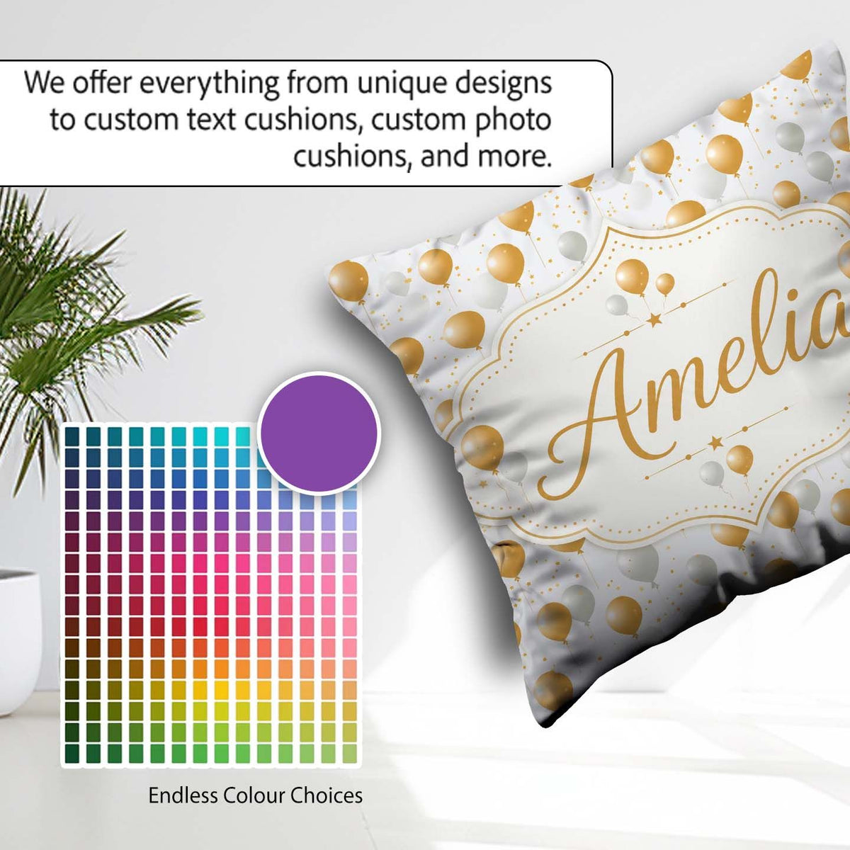 Custom Name Elegant and White Balloons Confetti Seamless Pattern Square Filled Cushion Throw Pillow Sofa Bed Home Decor Zip Washable UK Made