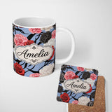 Personalized Custom Name Elegant Rose Floral with Black Red and White Flowers on Dusty Blue 11oz Ceramic Coffee Tea Mug White Large Handle