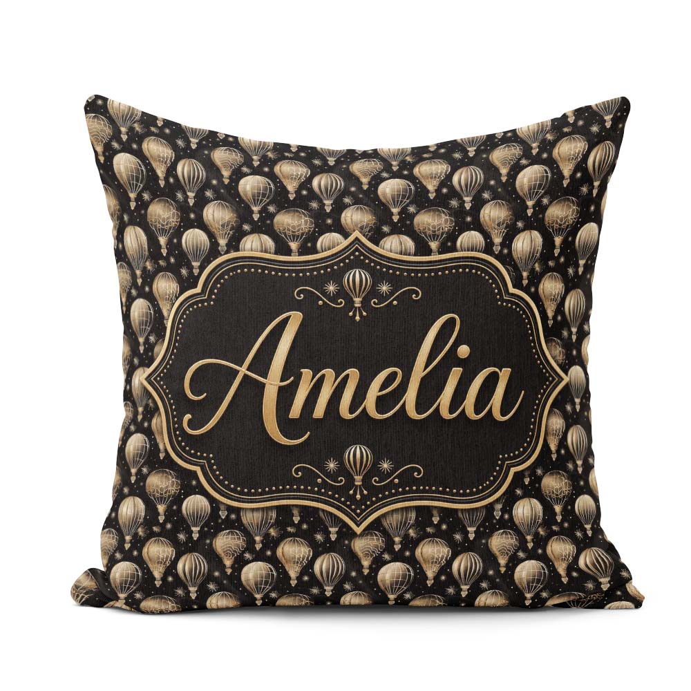Custom Name Luxury Gold Hot Air Balloons on Black Night Seamless Square Filled Cushion Throw Pillow Sofa Bed Home Decor Zip Washable UK Made