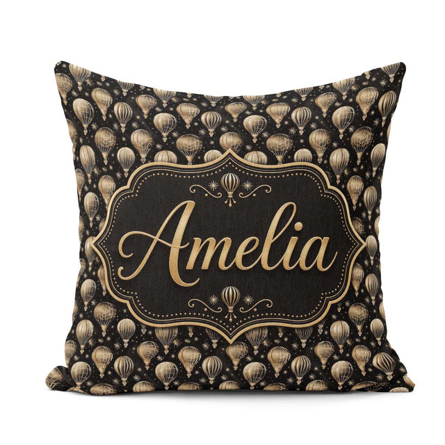 Custom Name Luxury Gold Hot Air Balloons on Black Night Seamless Square Filled Cushion Throw Pillow Sofa Bed Home Decor Zip Washable UK Made