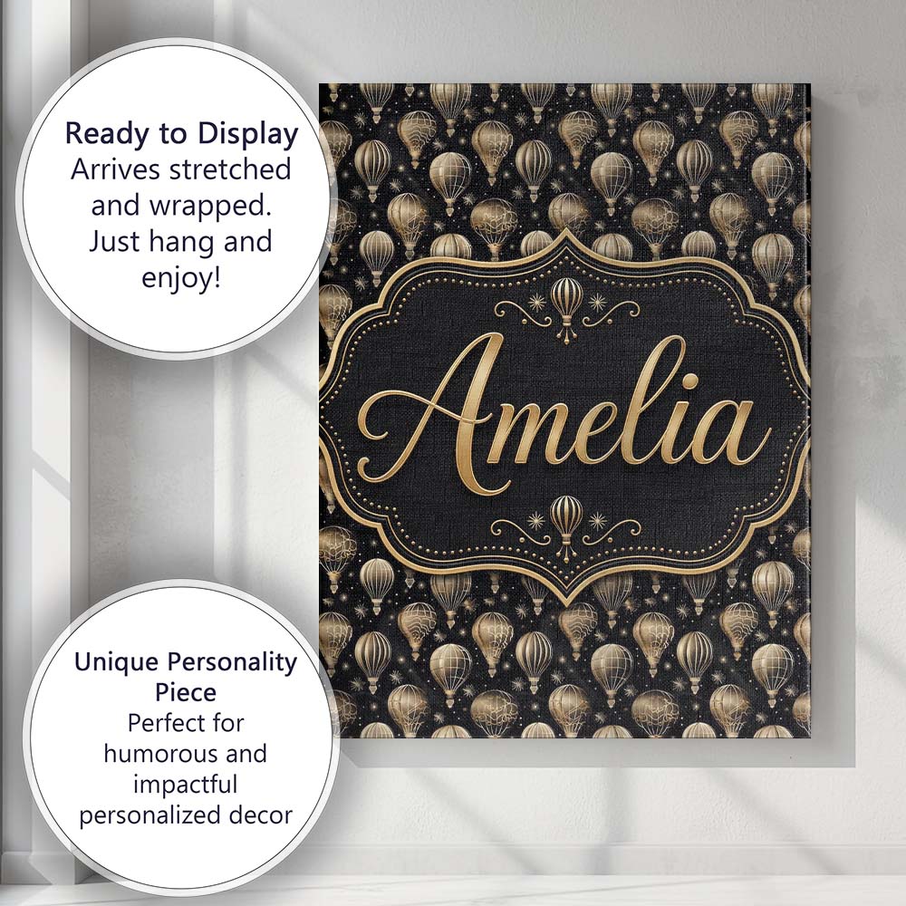 Personalised Name Luxury Gold Hot Air Custom Modern Room Accent Creative Decorator Style Canvas Wall Art Print Decor Picture Ready to Hang