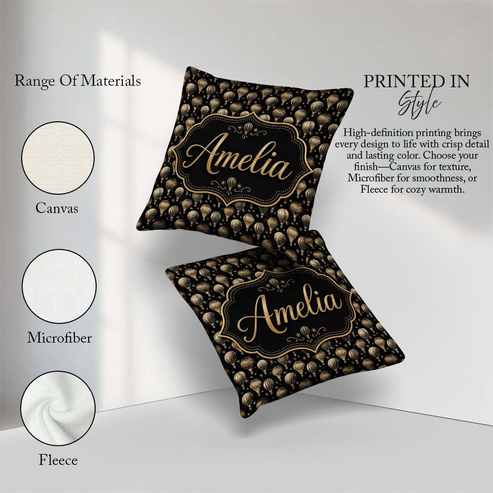 Custom Name Luxury Gold Hot Air Balloons on Black Night Seamless Square Filled Cushion Throw Pillow Sofa Bed Home Decor Zip Washable UK Made
