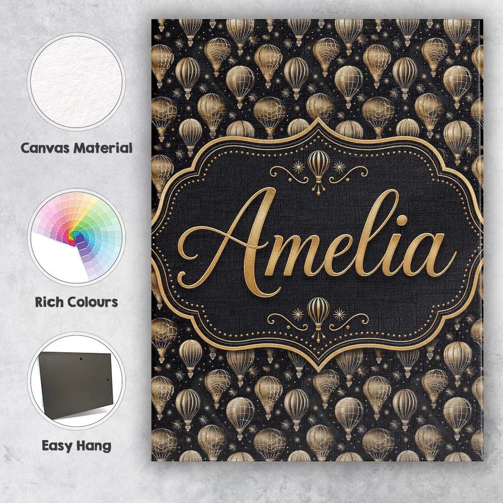 Personalised Name Luxury Gold Hot Air Custom Modern Room Accent Creative Decorator Style Canvas Wall Art Print Decor Picture Ready to Hang