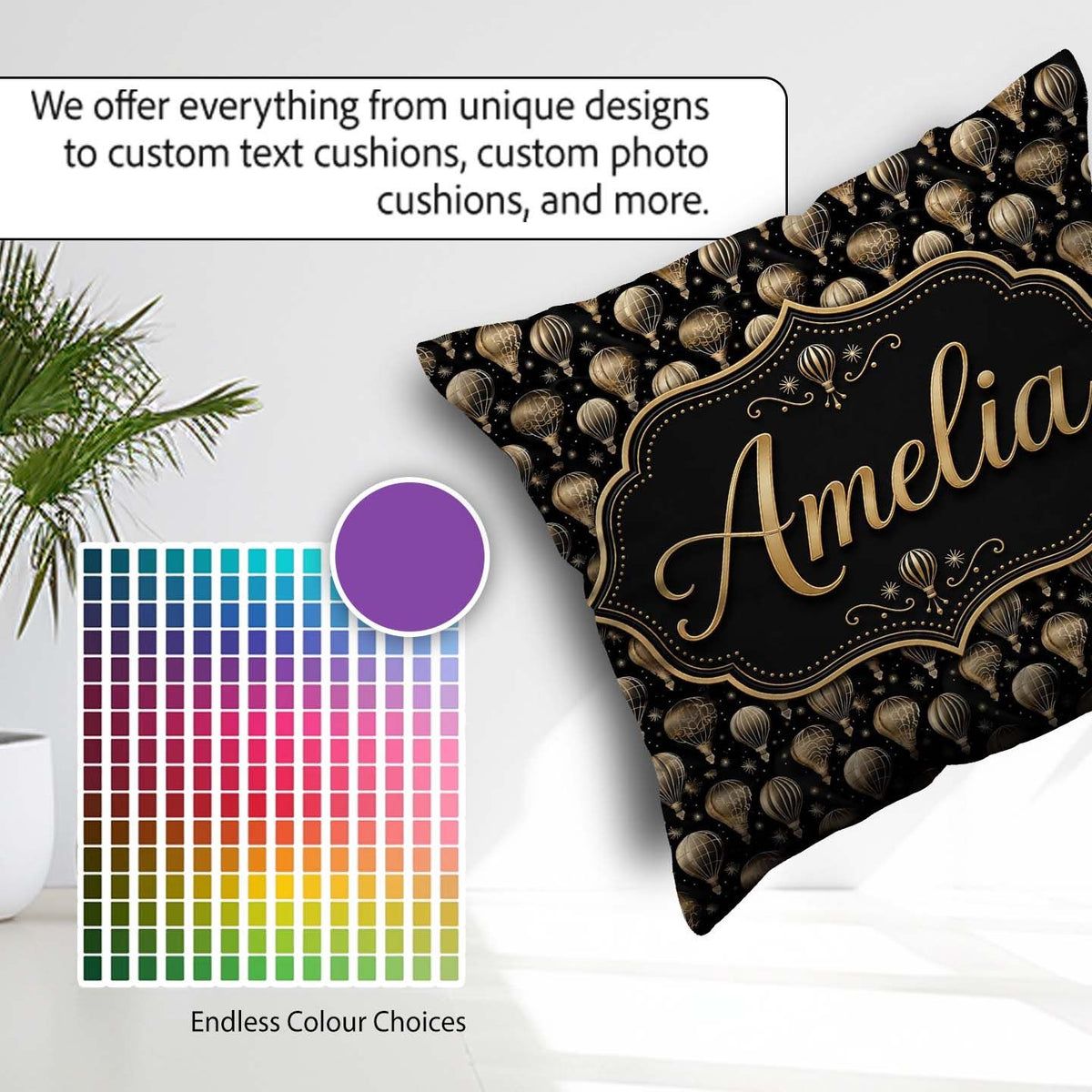 Custom Name Luxury Gold Hot Air Balloons on Black Night Seamless Square Filled Cushion Throw Pillow Sofa Bed Home Decor Zip Washable UK Made