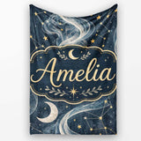 Celestial Botanical Moon Stars Night Sky Leaves Seamless Pattern  Personalised Custom Name Super Soft Fleece Blanket Bed Sofa Throw