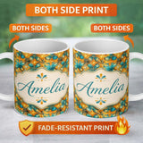 Personalized Custom Name Abstract Teal and Orange Floral Geometric Seamless Pattern Name Cute 11oz Ceramic Coffee Tea Mug White Large Handle