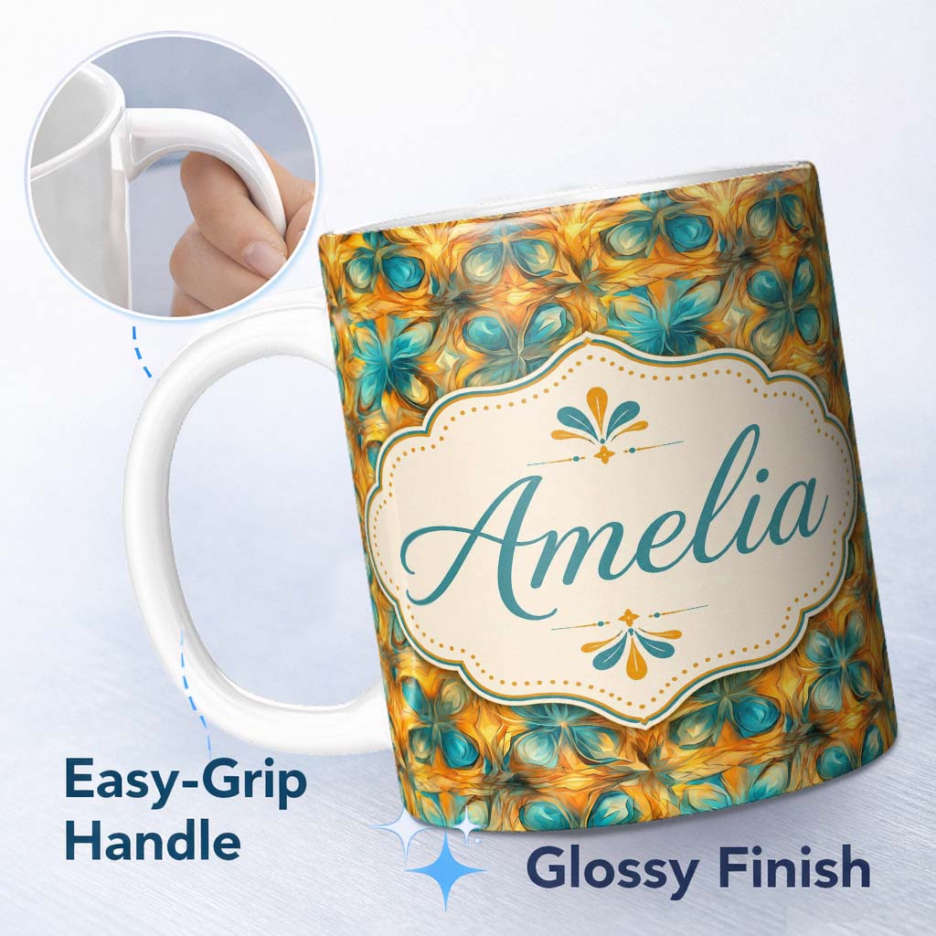 Personalized Custom Name Abstract Teal and Orange Floral Geometric Seamless Pattern Name Cute 11oz Ceramic Coffee Tea Mug White Large Handle