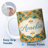 Personalized Custom Name Abstract Teal and Orange Floral Geometric Seamless Pattern Name Cute 11oz Ceramic Coffee Tea Mug White Large Handle