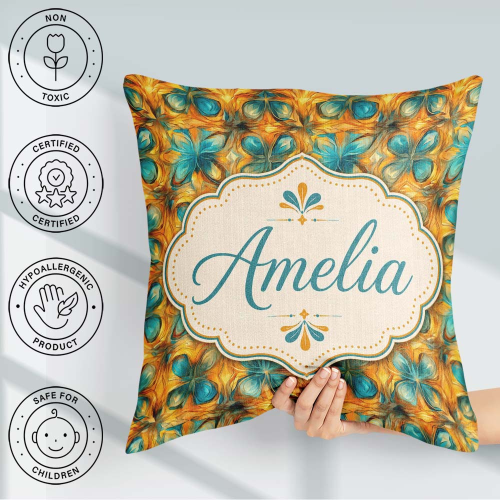 Custom Name Abstract Teal and Orange Geometric Pattern Name Cute Square Filled Cushion Throw Pillow Sofa Bed Home Decor Zip Washable UK Made