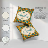 Custom Name Abstract Teal and Orange Geometric Pattern Name Cute Square Filled Cushion Throw Pillow Sofa Bed Home Decor Zip Washable UK Made
