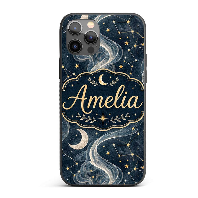 Celestial Botanical Moon Stars Night Sky Leaves Custom Name Protective Phone Case Mobile Cover Durable Everyday Smartphone Shock Resistant