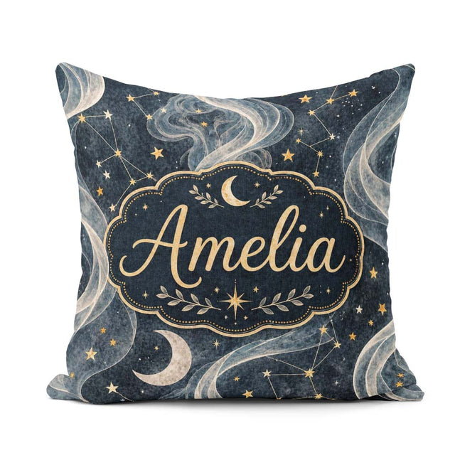 Custom Name Celestial Botanical Moon Stars Night Leaves Seamless Square Filled Cushion Throw Pillow Sofa Bed Home Decor Zip Washable UK Made