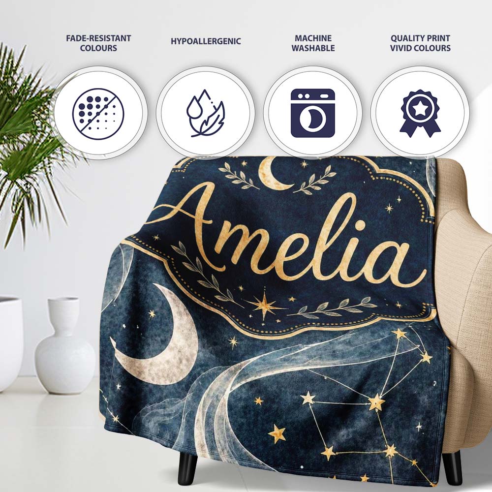 Celestial Botanical Moon Stars Night Sky Leaves Seamless Pattern  Personalised Custom Name Super Soft Fleece Blanket Bed Sofa Throw