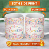 Personalized Custom Name Delicate Pastel Floral Mandala Kaleidoscope Seamless Pattern Name 11oz Ceramic Coffee Tea Mug White Large Handle