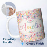 Personalized Custom Name Delicate Pastel Floral Mandala Kaleidoscope Seamless Pattern Name 11oz Ceramic Coffee Tea Mug White Large Handle