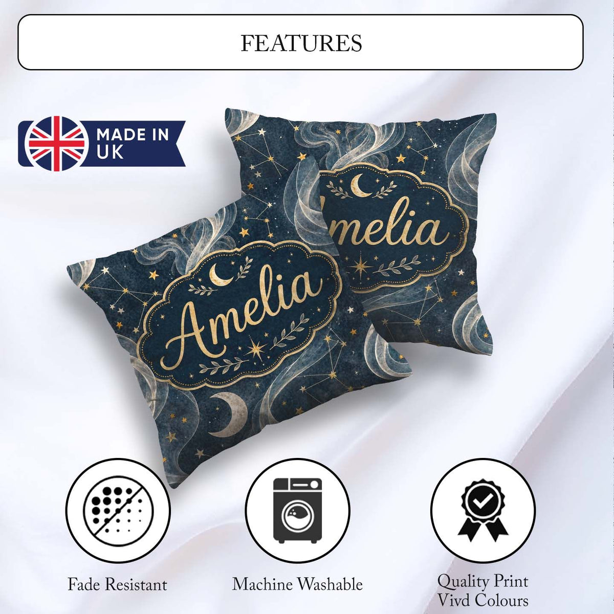 Custom Name Celestial Botanical Moon Stars Night Leaves Seamless Square Filled Cushion Throw Pillow Sofa Bed Home Decor Zip Washable UK Made