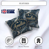 Custom Name Celestial Botanical Moon Stars Night Leaves Seamless Square Filled Cushion Throw Pillow Sofa Bed Home Decor Zip Washable UK Made