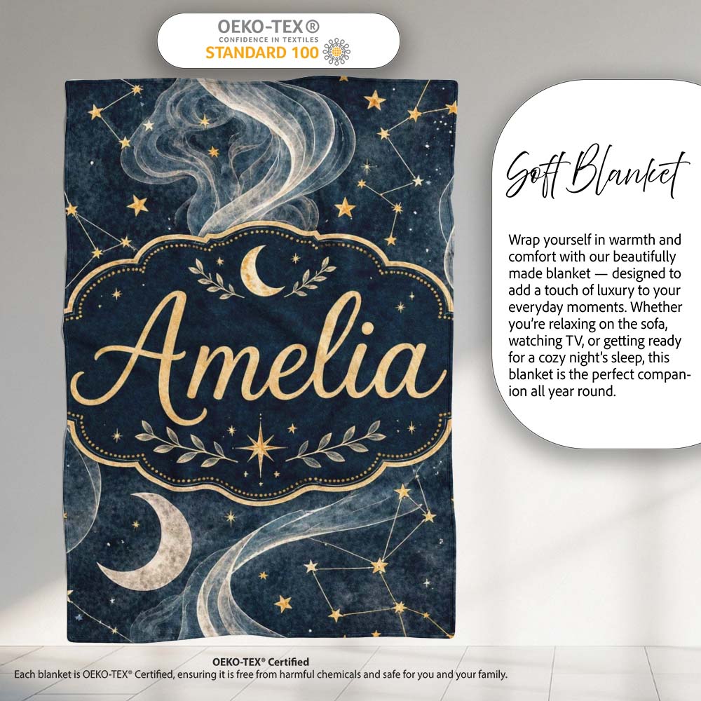 Celestial Botanical Moon Stars Night Sky Leaves Seamless Pattern  Personalised Custom Name Super Soft Fleece Blanket Bed Sofa Throw