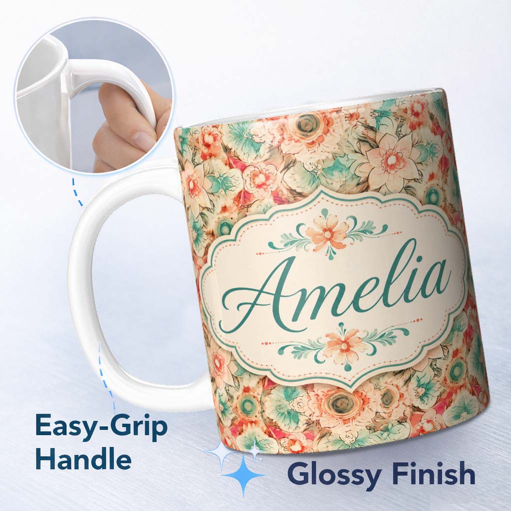 Personalized Custom Name Vintage Style Floral Bloom Garden Seamless Pattern Name Cute Unique 11oz Ceramic Coffee Tea Mug White Large Handle