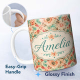 Personalized Custom Name Vintage Style Floral Bloom Garden Seamless Pattern Name Cute Unique 11oz Ceramic Coffee Tea Mug White Large Handle