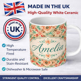 Personalized Custom Name Vintage Style Floral Bloom Garden Seamless Pattern Name Cute Unique 11oz Ceramic Coffee Tea Mug White Large Handle
