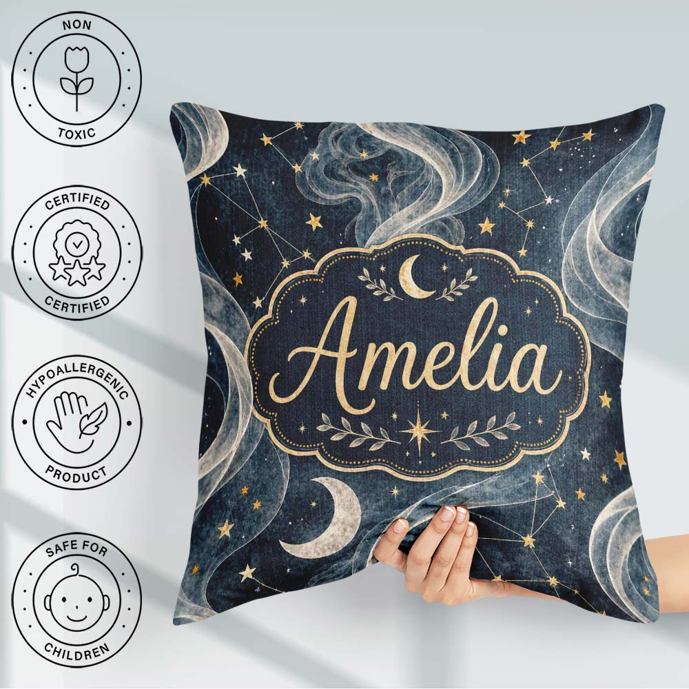 Custom Name Celestial Botanical Moon Stars Night Leaves Seamless Square Filled Cushion Throw Pillow Sofa Bed Home Decor Zip Washable UK Made