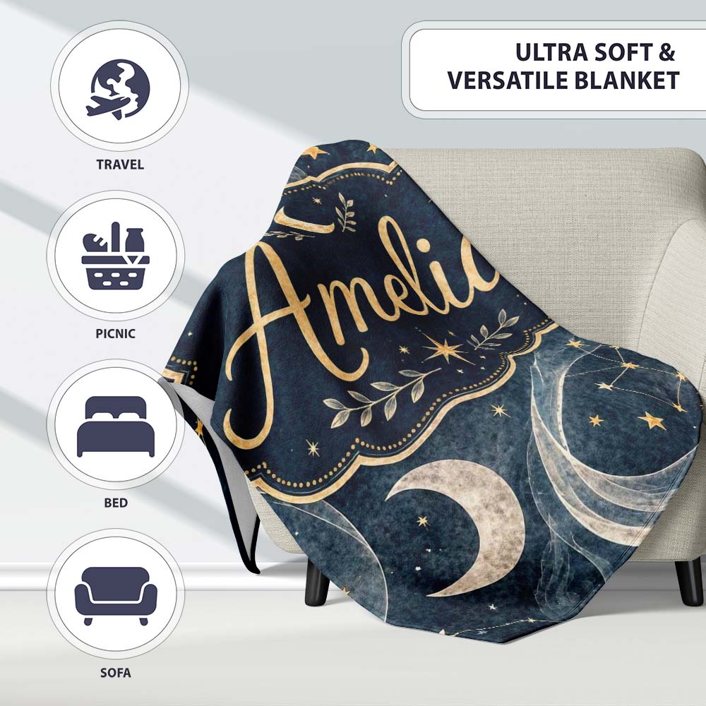 Celestial Botanical Moon Stars Night Sky Leaves Seamless Pattern  Personalised Custom Name Super Soft Fleece Blanket Bed Sofa Throw