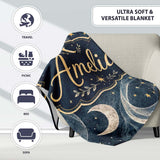 Celestial Botanical Moon Stars Night Sky Leaves Seamless Pattern  Personalised Custom Name Super Soft Fleece Blanket Bed Sofa Throw
