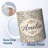 Personalized Custom Name Soft Pastel Abstract Floral Leaf Seamless Pattern Name Cute Unique 11oz Ceramic Coffee Tea Mug White Large Handle