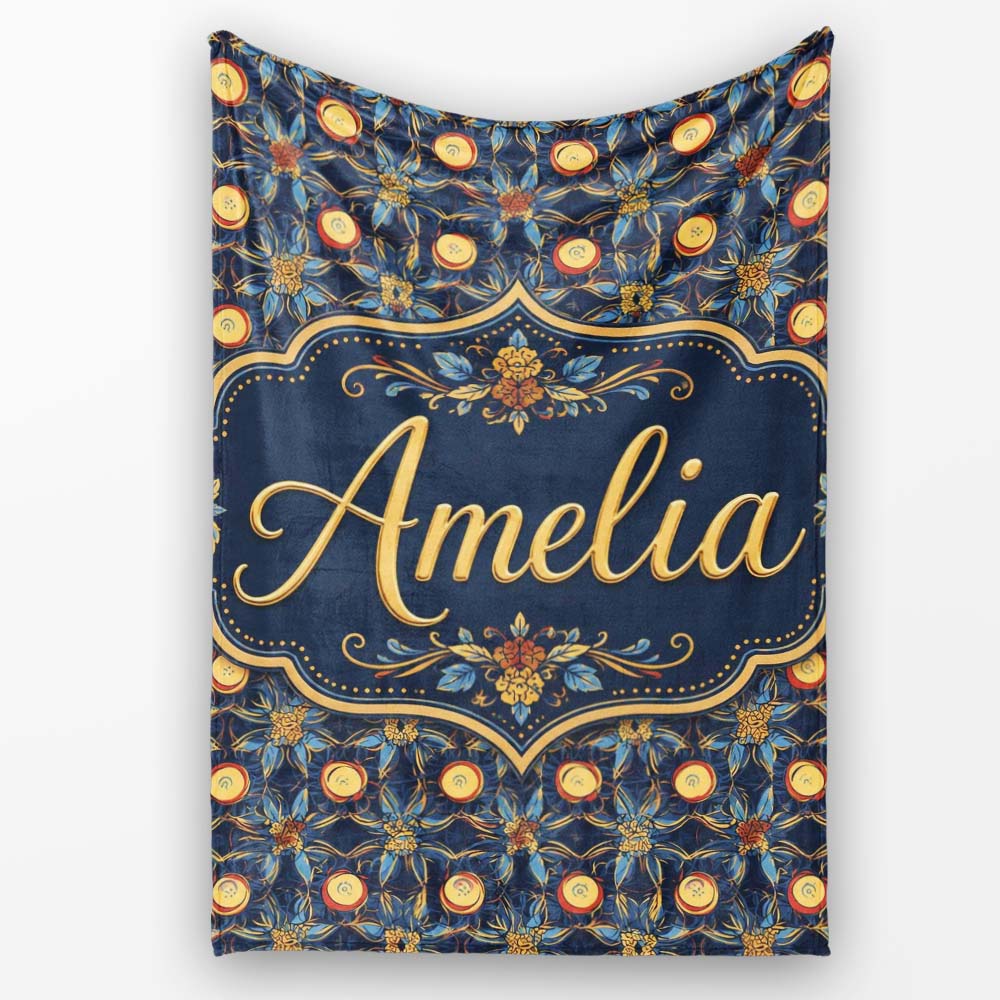 Dark Navy Gold Botanical Floral Luxury Seamless Pattern Name Cute  Personalised Custom Name Super Soft Fleece Blanket Bed Sofa Throw