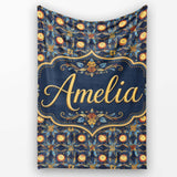Dark Navy Gold Botanical Floral Luxury Seamless Pattern Name Cute  Personalised Custom Name Super Soft Fleece Blanket Bed Sofa Throw