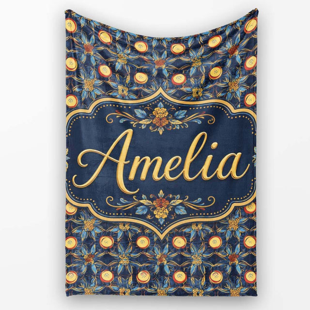 Dark Navy Gold Botanical Floral Luxury Seamless Pattern Name Cute  Personalised Custom Name Super Soft Fleece Blanket Bed Sofa Throw